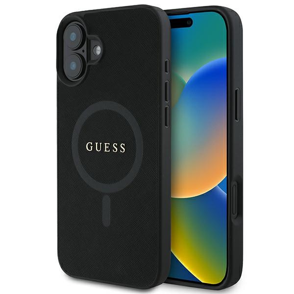 Viedtālruņa apvalks Guess Saffiano Klasiskais Logotips MagSafe iPhone 16 Plus - melns