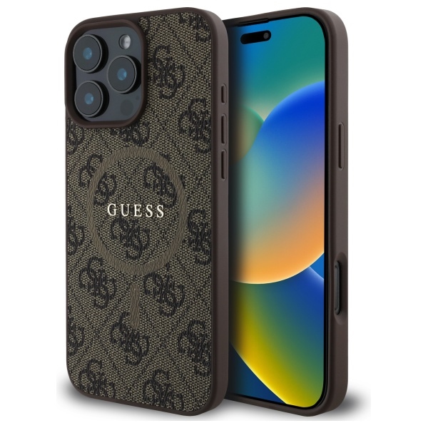 Guess 4G gredzena klasiskā logotipa magnētiskais viedtālruņa apvalks iPhone 16 Pro Max - brūns