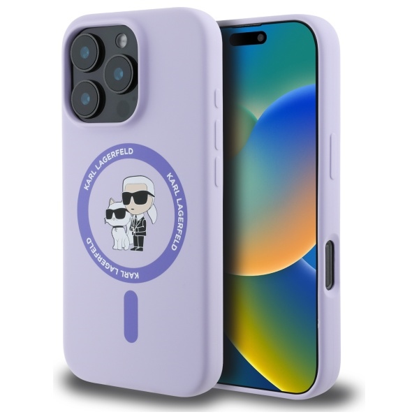 Viedtālruņa apvalks Karl Lagerfeld Silikona Karl&Choupette Heads Ring MagSafe iPhone 16 Pro - violets