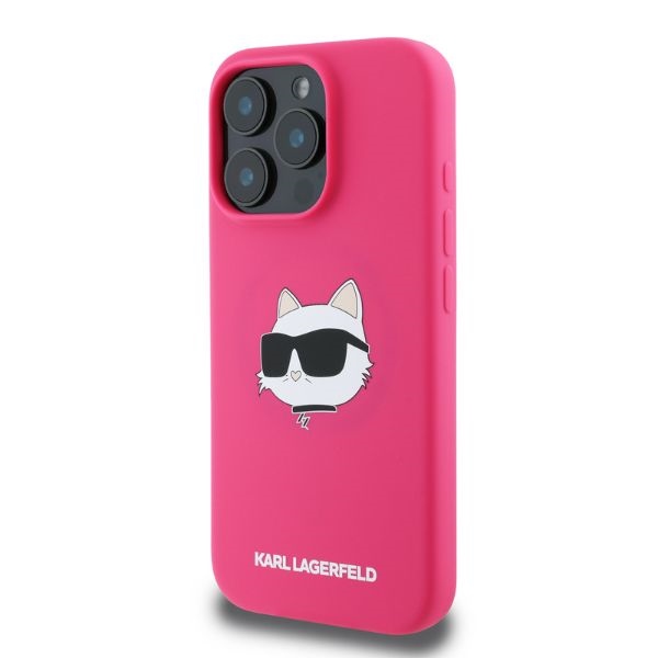 Karl Lagerfeld silikona viedtālruņa apvalks Choupette Head Print Magnētiskais iPhone 16 Pro Max - fuksija