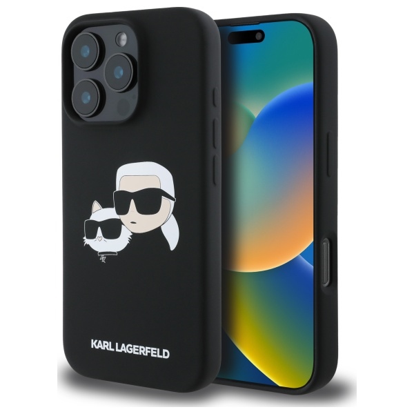 Karl Lagerfeld silikona magnētiskais viedtālruņa apvalks iPhone 16 Pro Max ar galvu attēliem - melns
