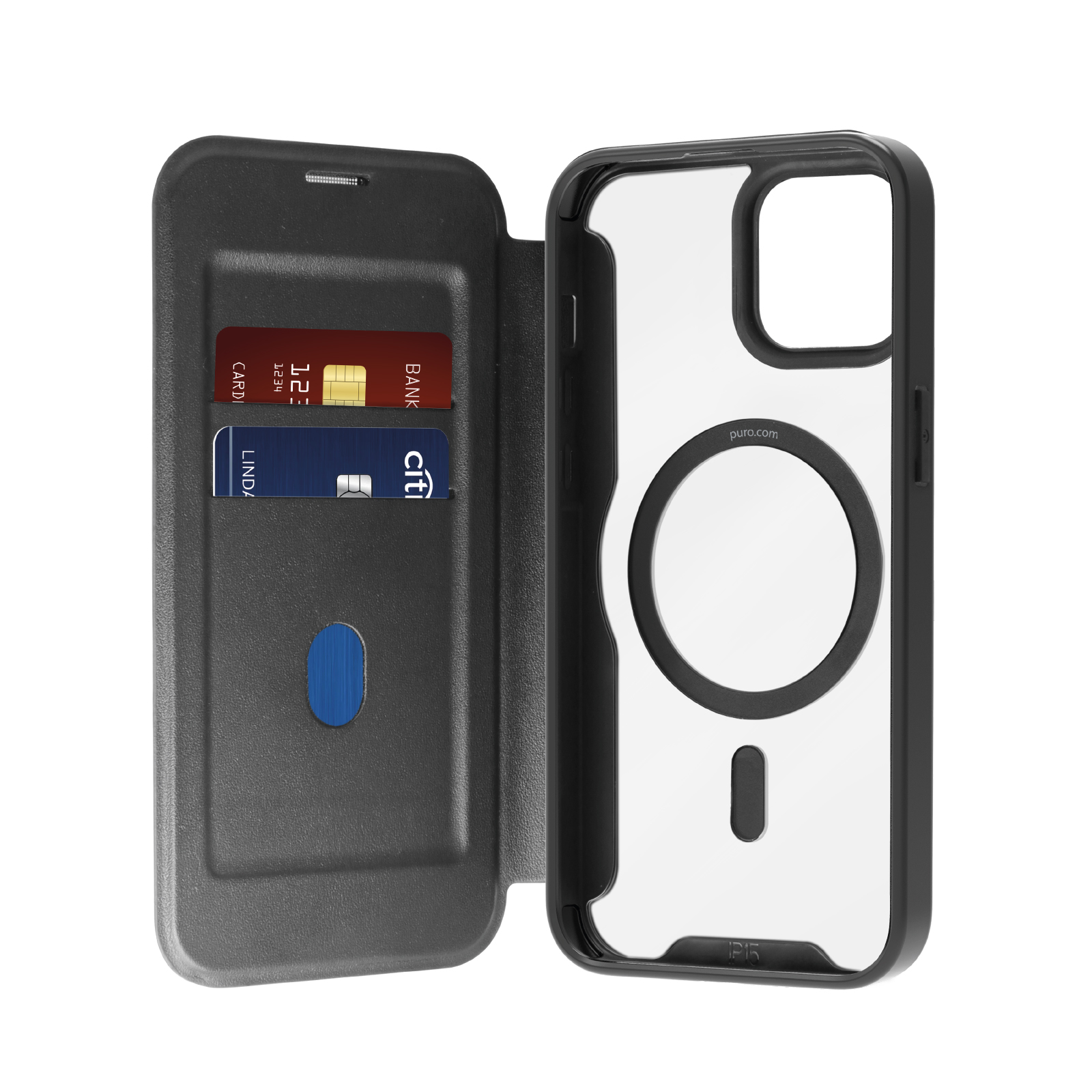 Puro Book Mag MagSafe ādas viedtālruņa apvalks ar vāciņu un karšu nodalījumu iPhone 16 Plus - melns