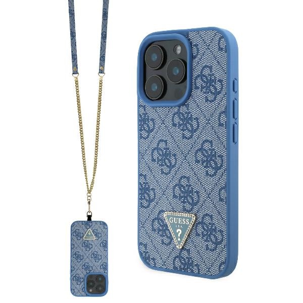 Guess Ādas Metāla Logotipa Strass Pārnēsājamais viedtālruņa apvalks iPhone 16 Pro Max - zila