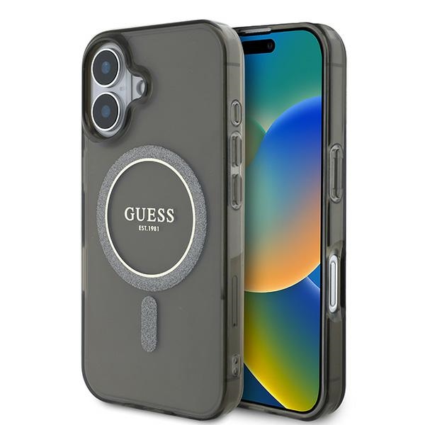 Guess IML Mirdzošs Aplis Magnētiskais viedtālruņa apvalks iPhone 16 - melns