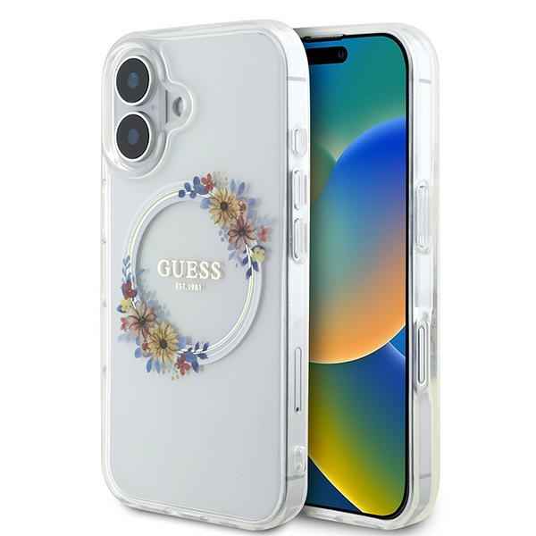 Guess IML Ziedu Vainags Magnētiskais viedtālruņa apvalks iPhone 16 - caurspīdīgs