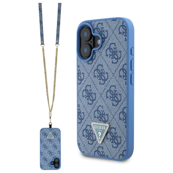 Guess Ādas Crossbody apvalks viedtālrunim iPhone 16 ar metāla logotipu un Strass - zils