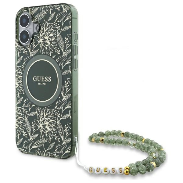 Guess IML Flowers Allover Electro With Pearl Strap MagSafe viedtālruņa apvalks iPhone 16 - zaļš