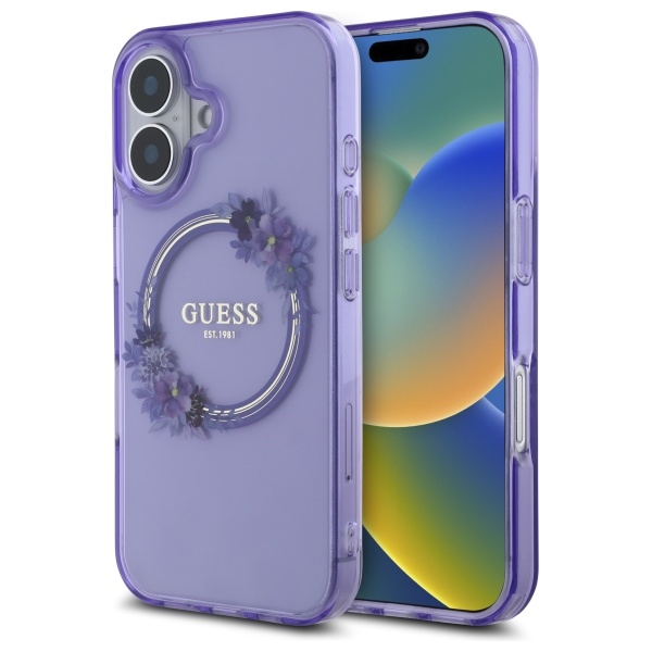 Guess IML Ziedu Vainags Magnētiskais viedtālruņa apvalks iPhone 16 - violeta