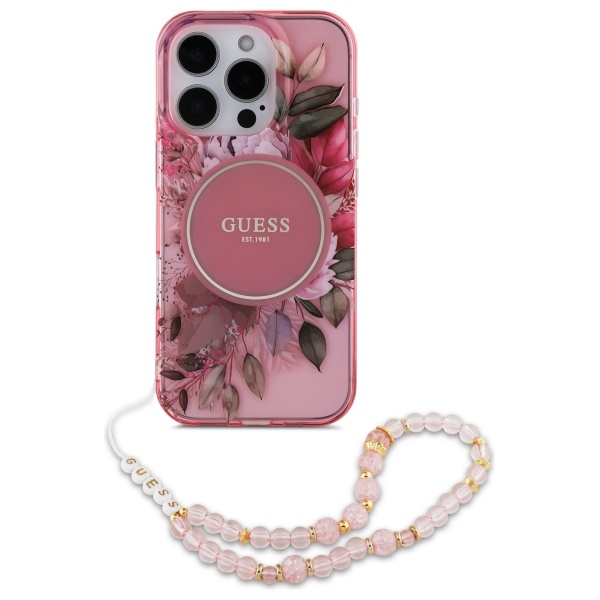 Guess IML Flowers With Pearl Strap MagSafe viedtālruņa apvalks iPhone 16 Pro Max - rozā