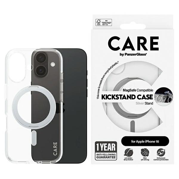CARE by PanzerGlass Funkcionālais viedtālruņa apvalks ar statīvu iPhone 16 6.1" sudraba/sudraba Magnētiskais 1325