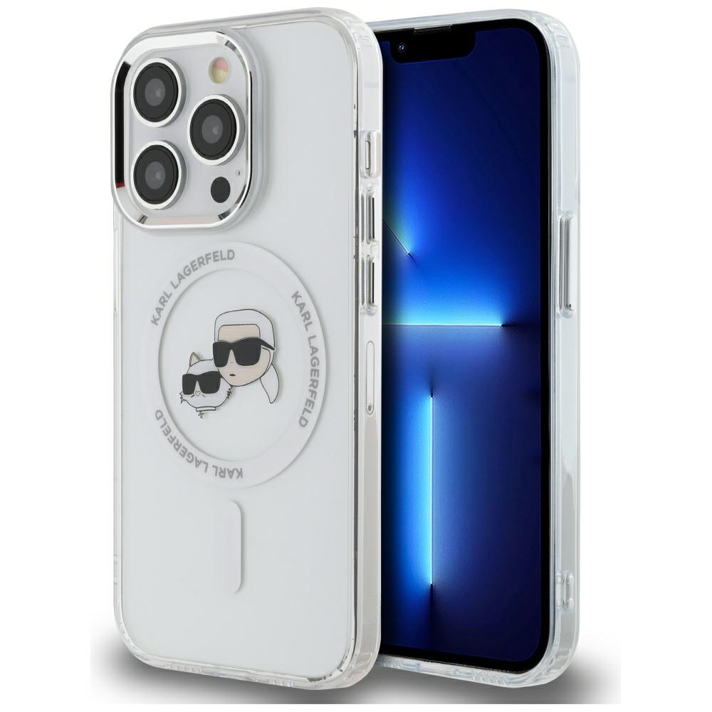 Karl Lagerfeld IML Metal Karl & Choupette Head MagSafe viedtālruņa apvalks iPhone 14 Pro - balts