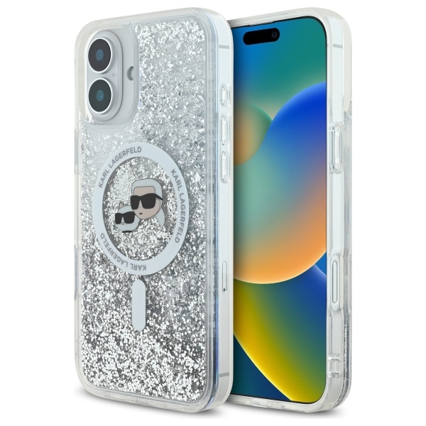 Karl Lagerfeld Liquid Glitter Karl & Choupette Head Magnētiskais iPhone 16 Plus viedtālruņa apvalks - caurspīdīgs