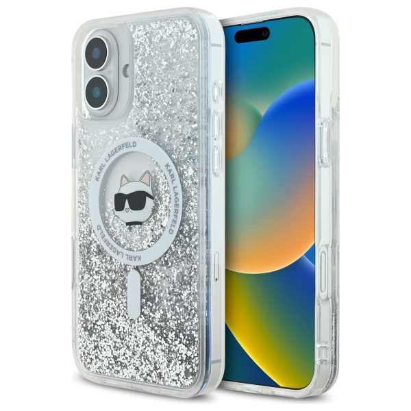 Karl Lagerfeld Liquid Glitter Choupette Head Magnētiskais viedtālruņa apvalks iPhone 16 - caurspīdīgs