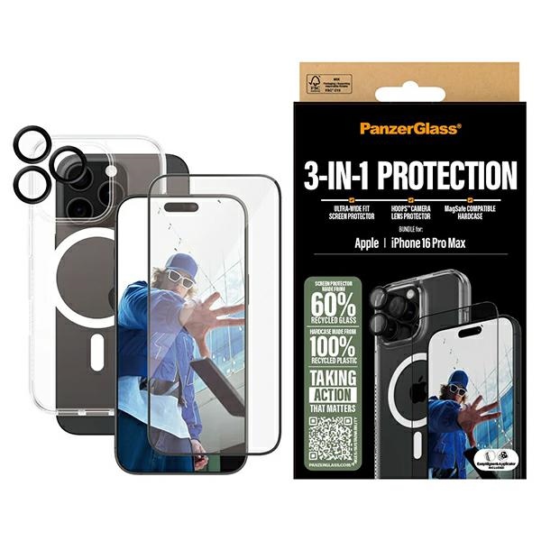 PanzerGlass komplekts 3in1 iPhone 16 Pro Max 6.9" D3O ciets apvalks + Aizsargstikls UWF + objektīvs B1294+2864+1284