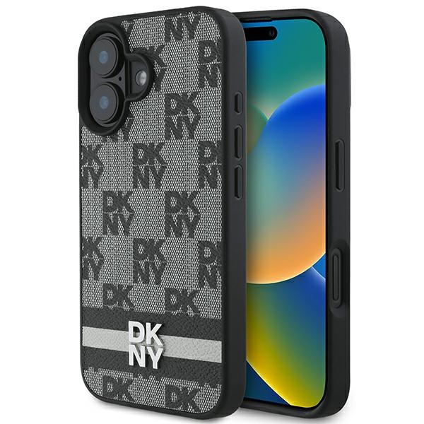 DKNY šachī raksts un drukātas svītras iPhone 16 apvalks melns