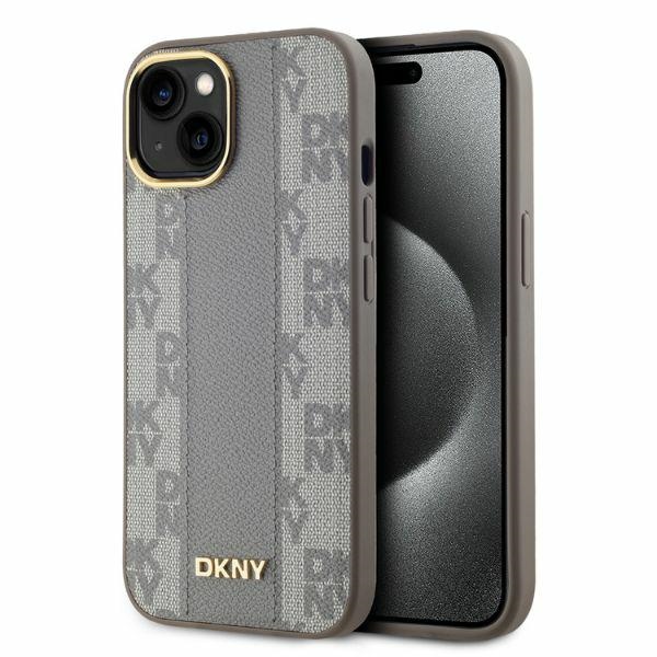 DKNY Ādas rūtainais mono raksts Magnētiskais viedtālruņa apvalks iPhone 14 - bēša
