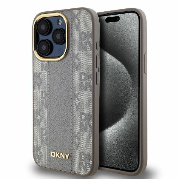 DKNY Ādas rūtainais mono raksts Magnētiskais viedtālruņa apvalks iPhone 15 Pro - bēša