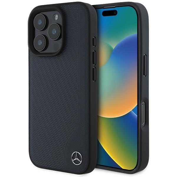 Mercedes MB MagSafe viedtālruņa apvalks iPhone 16 Pro Max no odas, imitācijas koka - Tumši zila