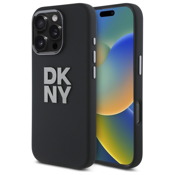 DKNY šķidrā silikona viedtālruņa apvalks ar metāla logotipu iPhone 16 Pro Max - melns