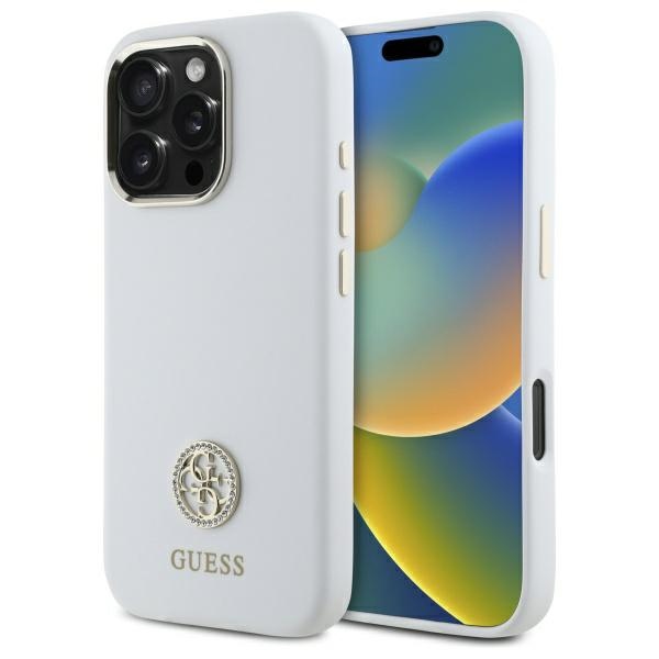 Guess Silicone Logo Strass 4G viedtālruņa apvalks iPhone 16 Pro Max - balts