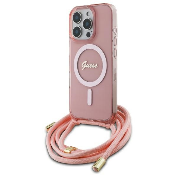Guess Crossbody Cord Script Magnētiskais viedtālruņa apvalks iPhone 16 Pro - rozā