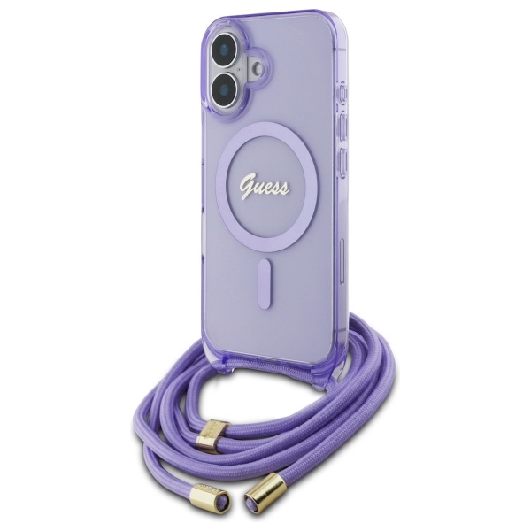 Guess soma pāri plecam viedtālruņa apvalks Cord Script MagSafe iPhone 16 – violets