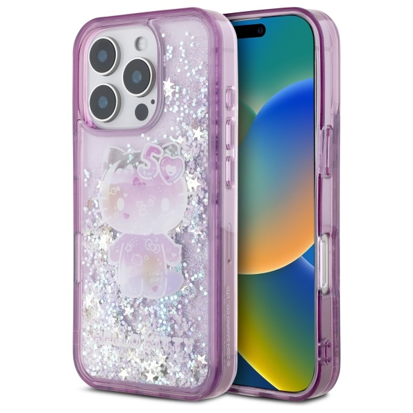 Hello Kitty Liquid Glitter 50. gadadienas ballītes viedtālruņa apvalks iPhone 16 Pro Max - violets