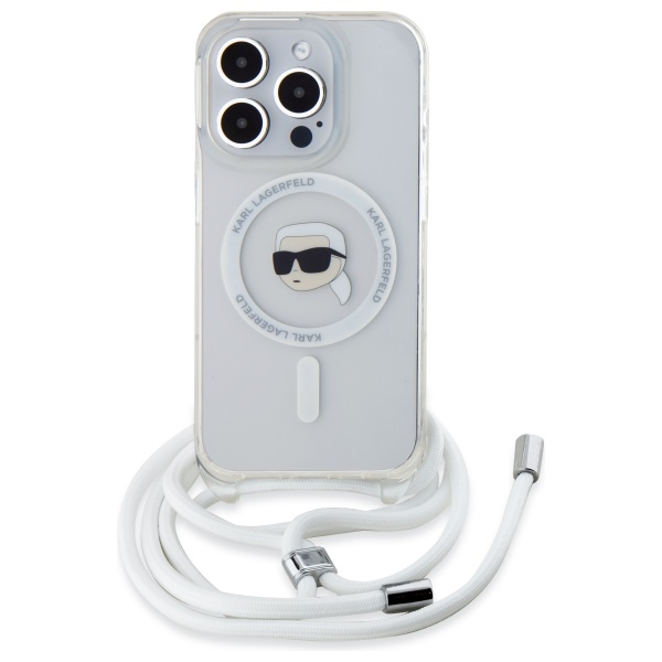 Karl Lagerfeld soma pāri plecam IML Karl galvas MagSafe iPhone 16 Pro viedtālruņa apvalks – caurspīdīgs