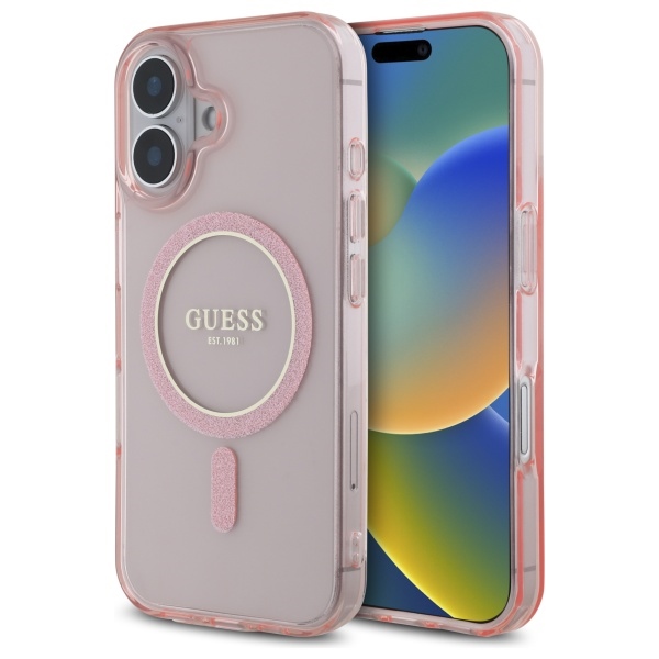 Guess GUHMP16SHFGEREP iPhone 16 6.1" rozā/rozā cietais apvalks IML Glitter Circle Magnētiskais