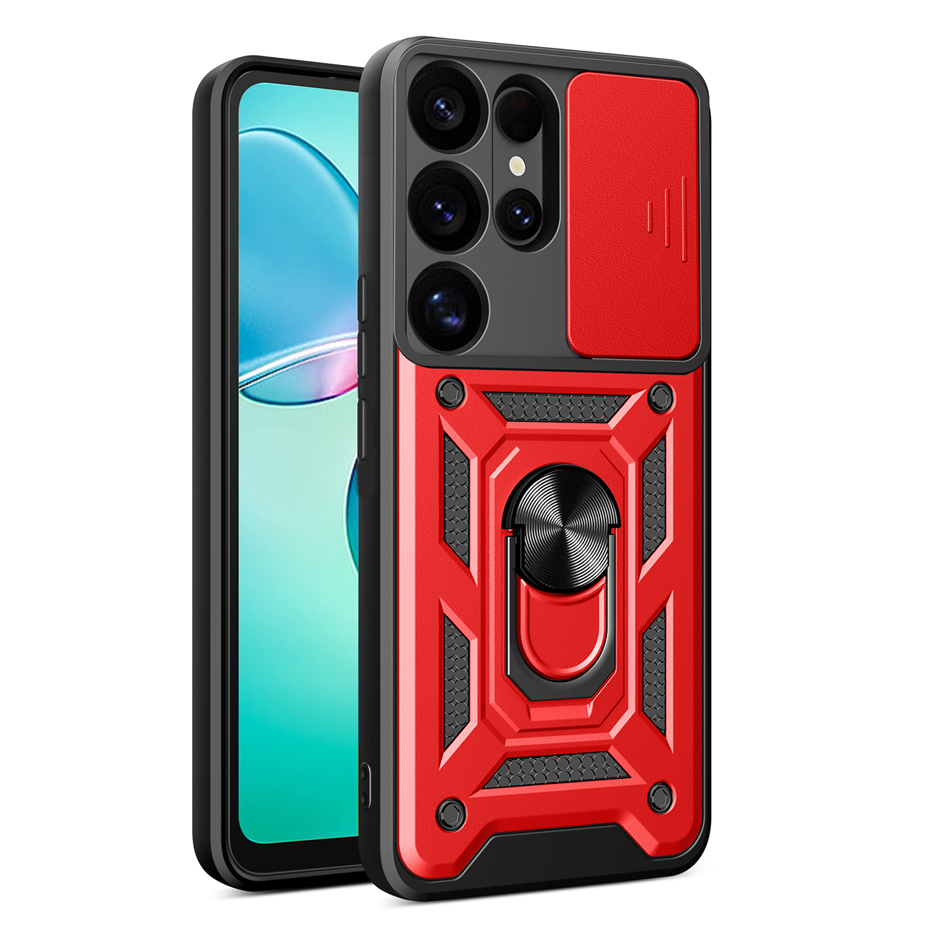 Hibrīda bruņots apvalks Camshield ar kameras vāciņu un metāla gredzenu Samsung Galaxy S25 Ultra - sarkans