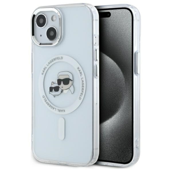Karl Lagerfeld IML Metāla Karl&Choupette galva MagSafe apvalks iPhone 15 - balts