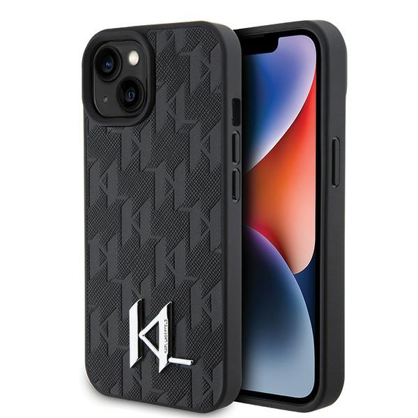 Karl Lagerfeld KLHCP15SPKLPKLK iPhone 15 / 14 / 13 6.1" melns/melns cietais apvalks Ādas monogramma karstais štancējums metāla logotips