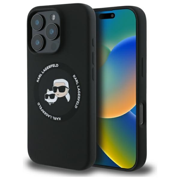 Karl Lagerfeld KLHMP16XSKCHTCK iPhone 16 Pro Max 6.9" cietais silikona viedtālruņa apvalks ar Karl & Choupette apdruku un Magnētisko MagSafe funkciju, melns