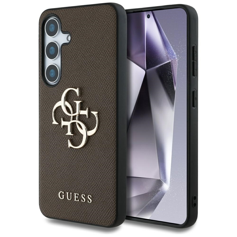 Guess Grained Big 4G Logo Small Classic Logo viedtālruņa apvalks Samsung Galaxy S25 brūns