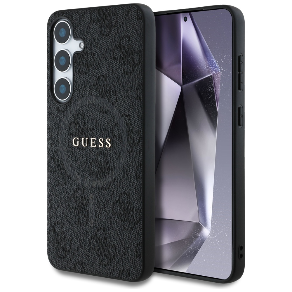 Guess Ādas 4G Krāsains Gredzens Klasiskais Logotips Magnētiskais Samsung Galaxy S25 viedtālruņa apvalks melna