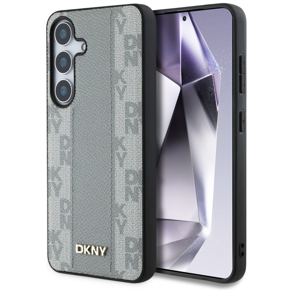 DKNY ādas rūtainā raksta magnētiskais viedtālruņa apvalks Samsung Galaxy S25 - pelēcīgi brūns