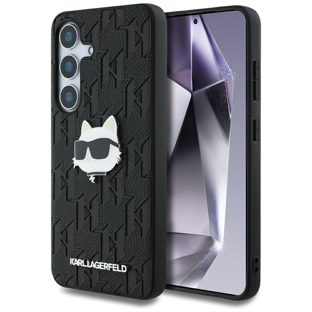 Viedtālruņa apvalks Karl Lagerfeld Ādas Monogramma Pin Logo Choupette Head Samsung Galaxy S25 melns