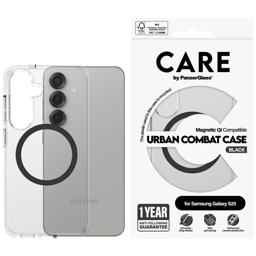 CARE by PanzerGlass Flagship Urban Combat melns QI apvalks Samsung Galaxy S25 - caurspīdīgs