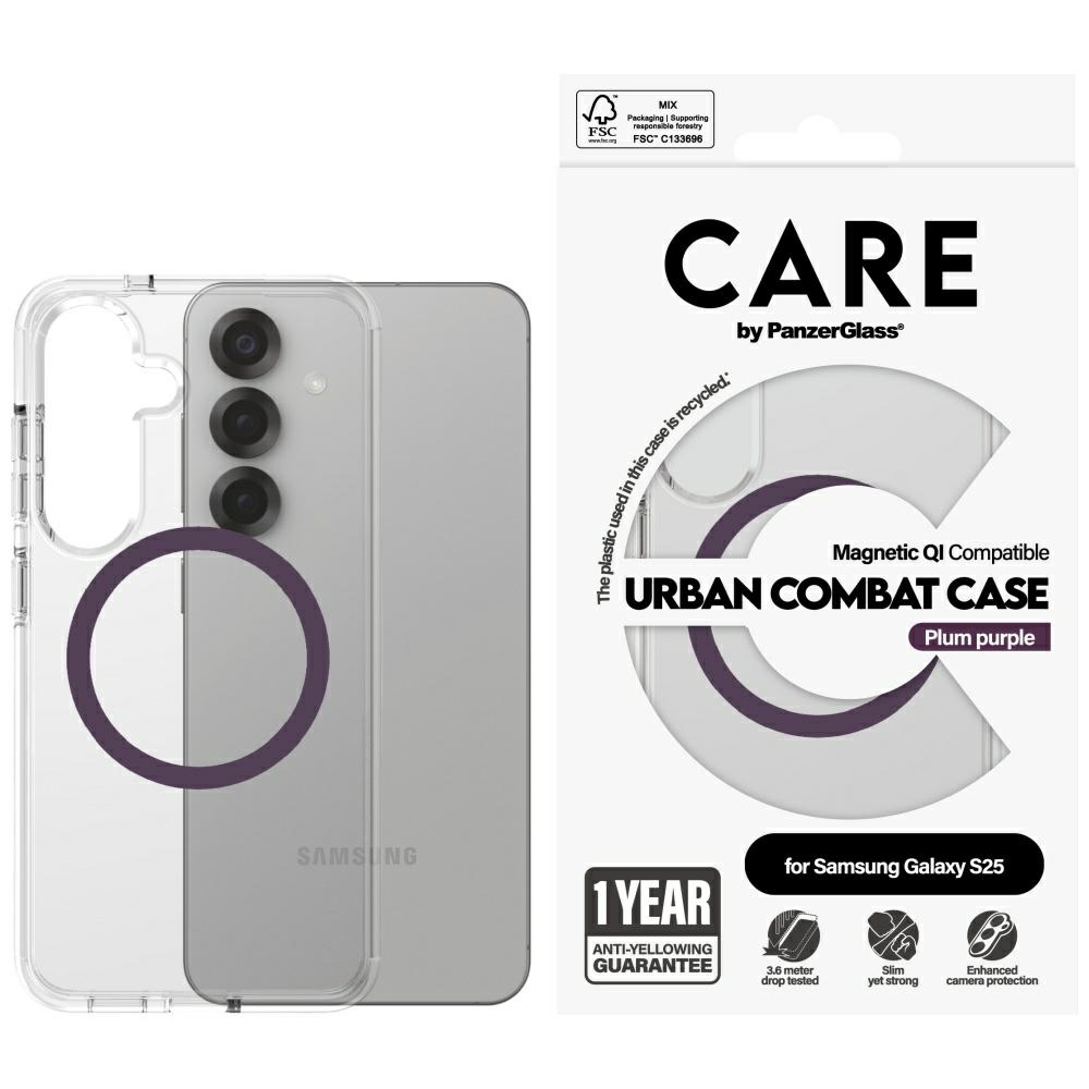 CARE by PanzerGlass Flagship Urban Combat Purple QI viedtālruņa apvalks Samsung Galaxy S25 - caurspīdīgs