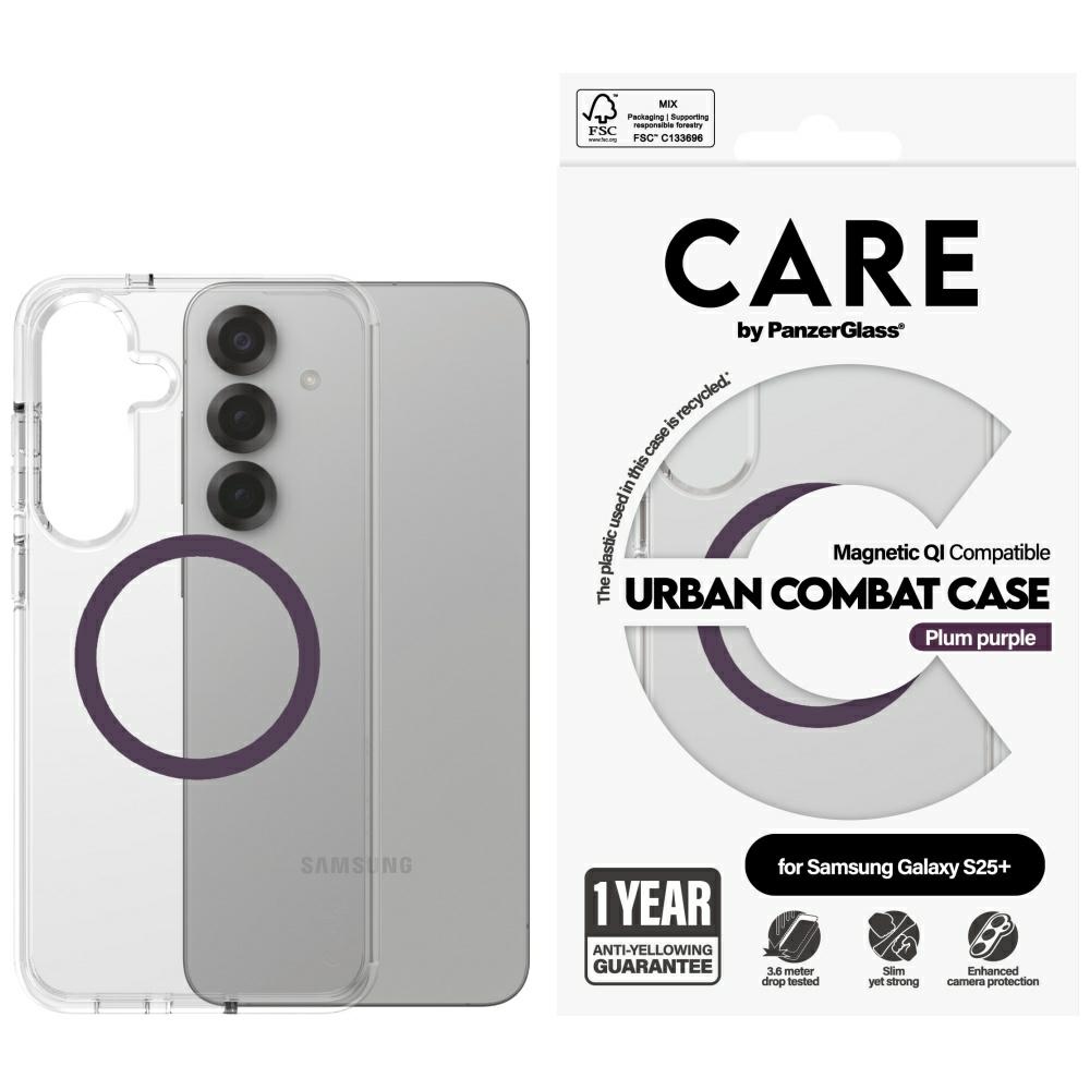 CARE by PanzerGlass Flagship Urban Combat Purple QI viedtālruņa apvalks Samsung Galaxy S25+ - caurspīdīgs