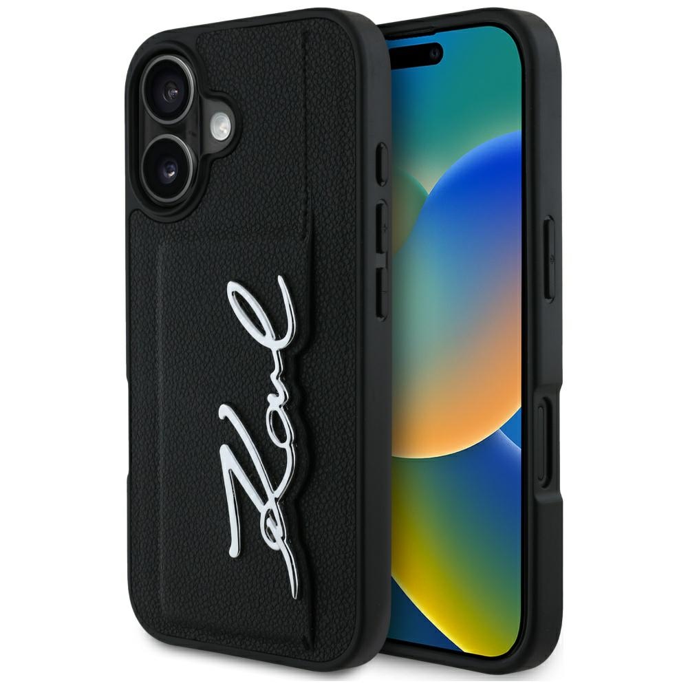 Karl Lagerfeld HC Graudēts PU Kartes Slēdzis Metal Signature iPhone 16 apvalks - melns