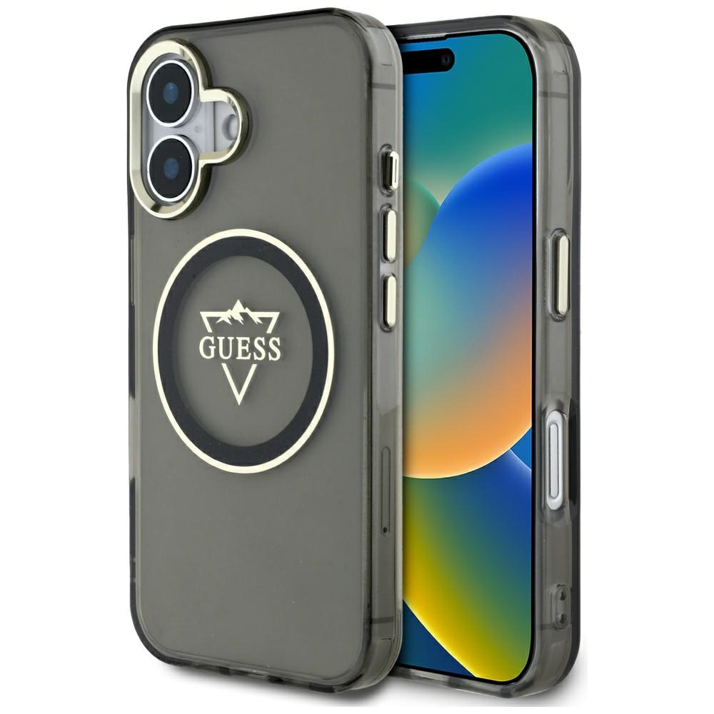 Guess IML Metal Mountain Logo Magnētiskais viedtālruņa apvalks iPhone 16 - melns