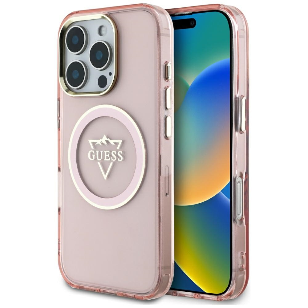 Guess IML Metal Mountain Logo Magnētiskais iPhone 16 Pro Max viedtālruņa apvalks - rozā