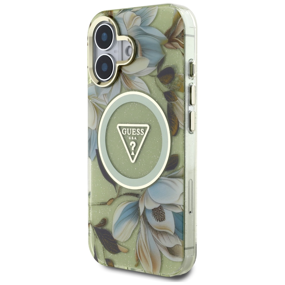 Guess Glitter Flowers Triangle Buttons Magnētiskais viedtālruņa apvalks iPhone 16 - zaļš
