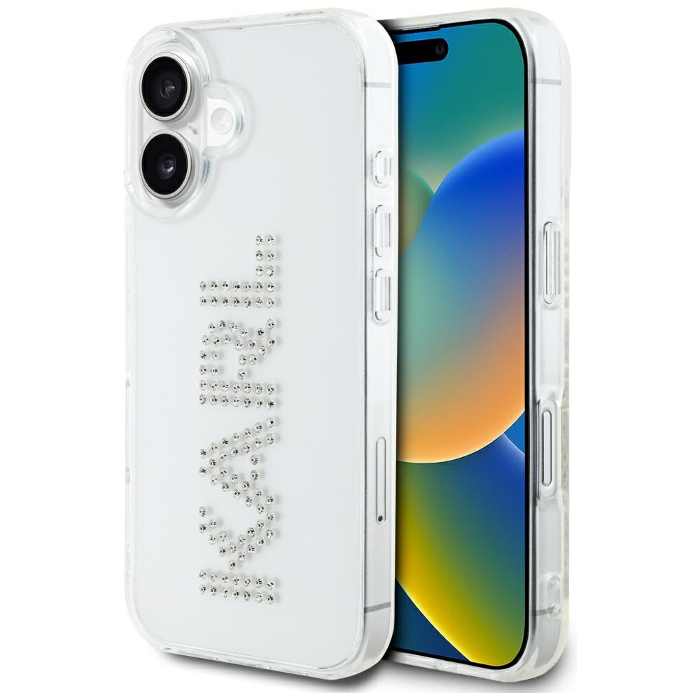 Karl Lagerfeld IML Rhinestones Logo viedtālruņa apvalks iPhone 16 - caurspīdīgs