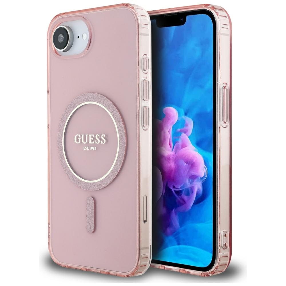 Guess IML Glitter Circle magnētiskais viedtālruņa apvalks iPhone 16e - rozā