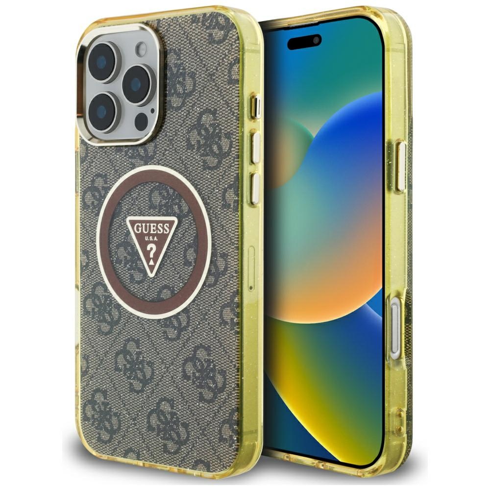 Guess IML Metal Glitter 4G Circle Triangle magnētiskais viedtālruņa apvalks iPhone 16 Pro - brūns