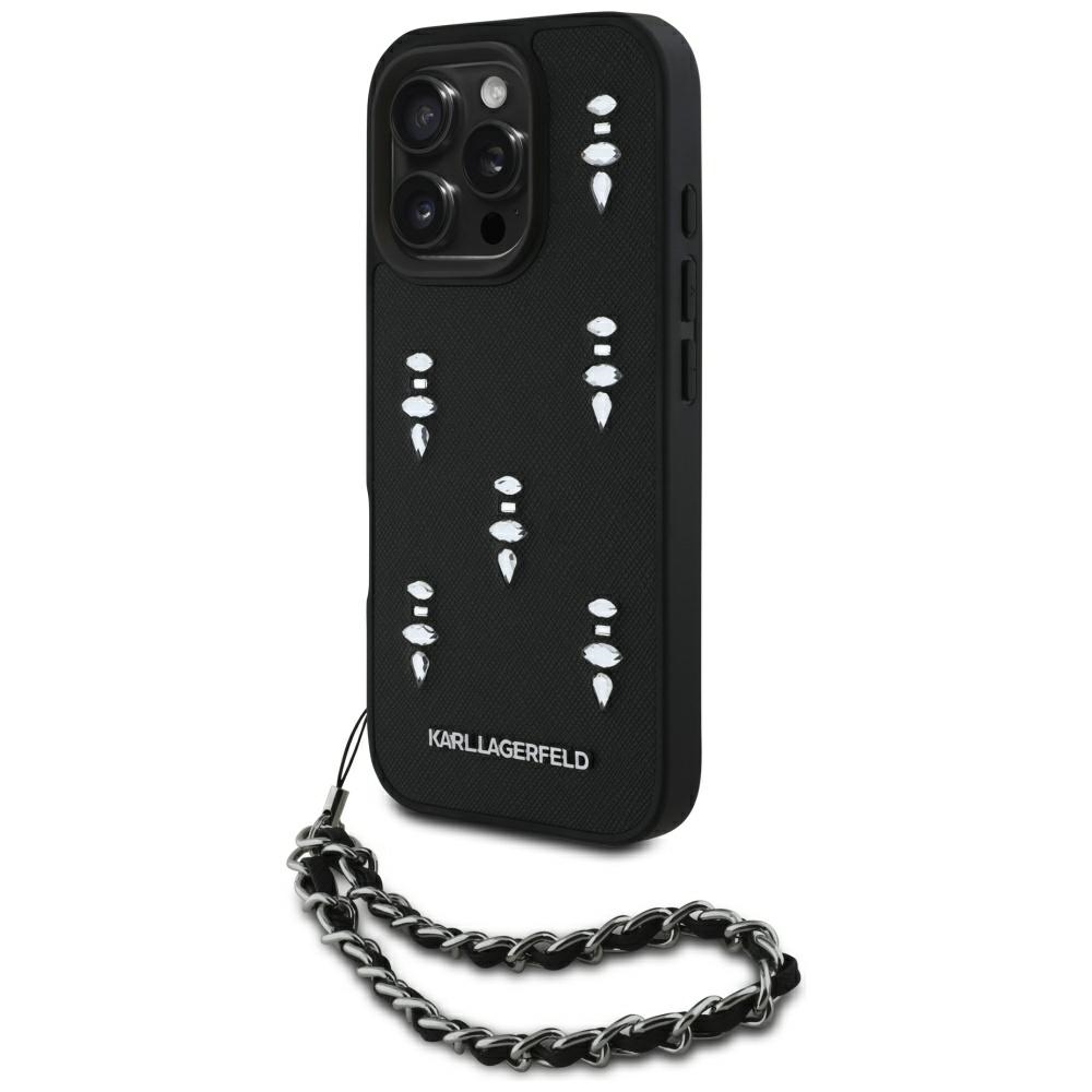 Karl Lagerfeld Saffiano Crystals ar ķēdi viedtālruņa apvalks iPhone 16 Pro - melns