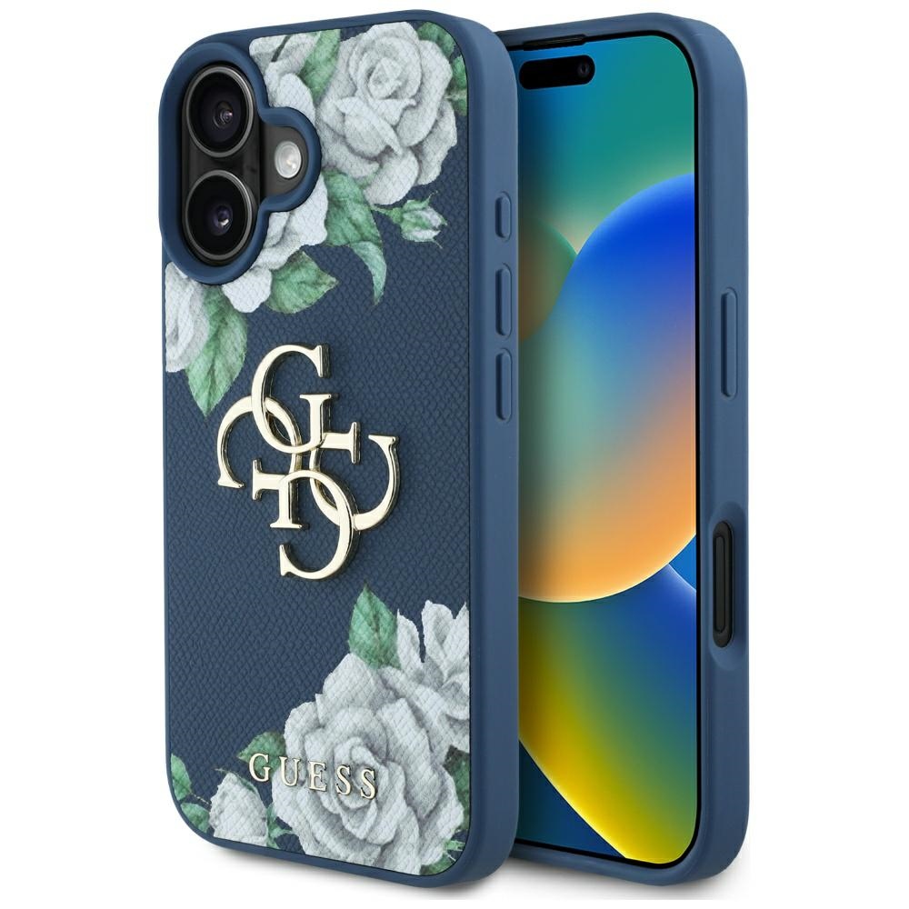 Guess Grained Roses Big 4G logo viedtālruņa apvalks iPhone 16 - zils
