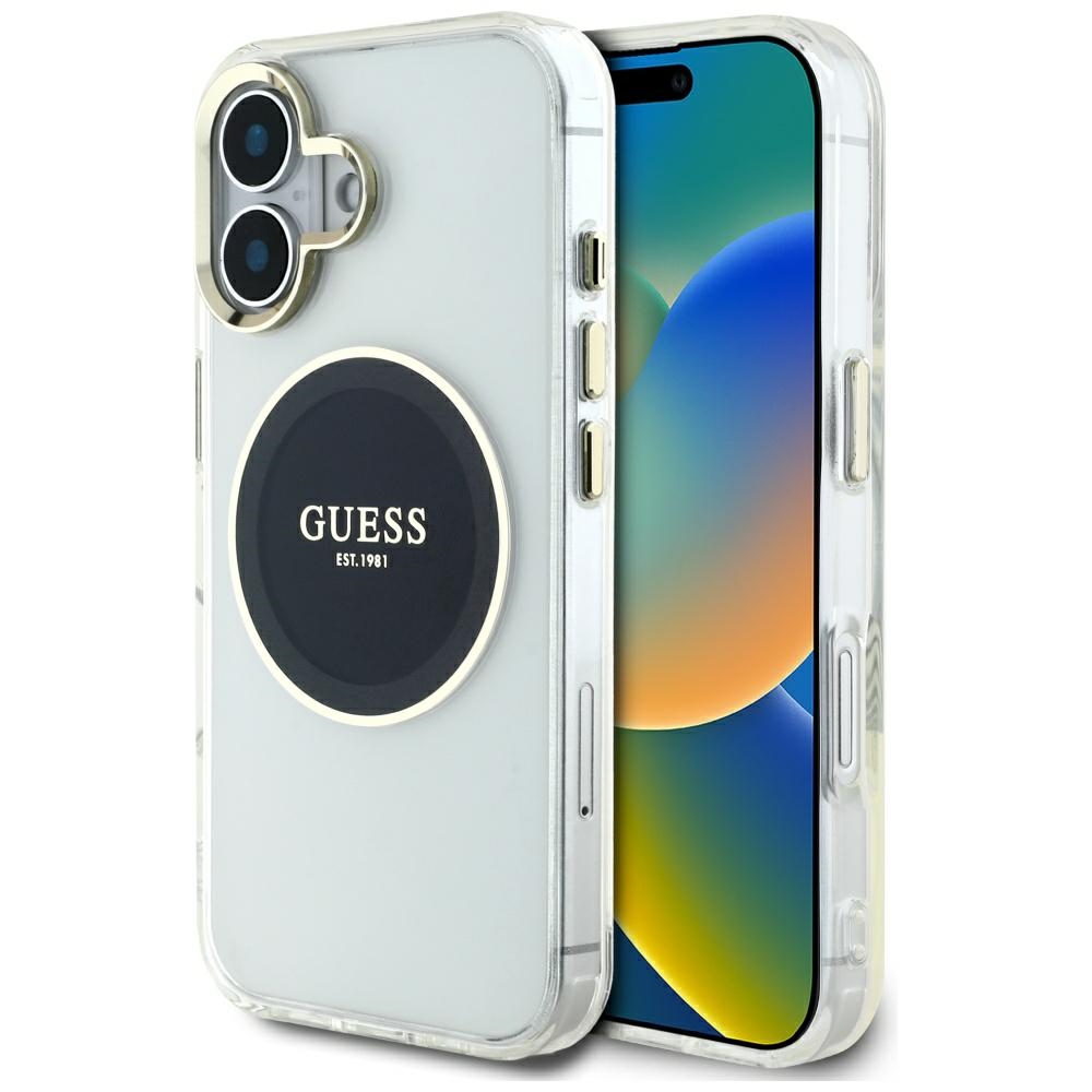 Guess IML Metal Colored Circle Classic Logo Magnētiskais viedtālruņa apvalks iPhone 16 - melns